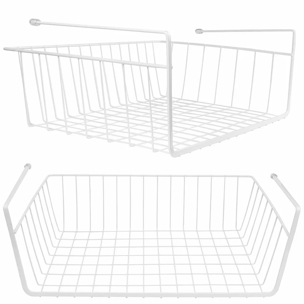 Tebery Confezione da 2 cestini portaoggetti sotto mensola da appendere, da appendere sotto l'armadietto, cestini portaoggetti a scorrimento, organizer per cucina, dispensa, scrivania, libreria, bianco