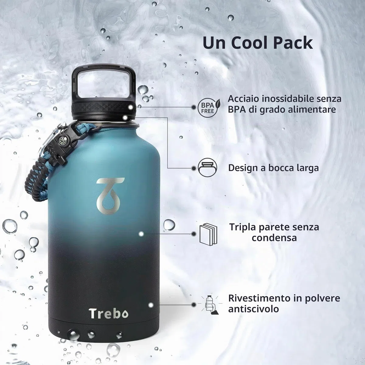 Trebo Borraccia Termica, Borraccia con Cannuccia Borraccia acciaio inox fredda per 48 ore Borraccia Termica Bottiglia in Metallo con Manico in Paracord, 1893 ml, Indigo/Nero
