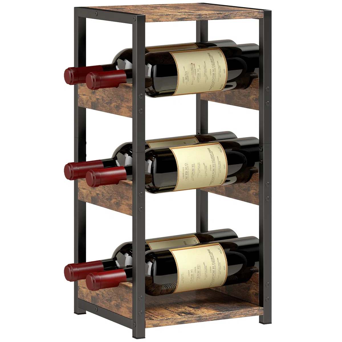 HOMCOM Portabottiglie Vino per 6 Bottiglie con Scaffali Ondulati, Porta Bottiglie di Vino Design Industriale, Piedini Regolabili per Cucina Soggiorno, Marrone Rustico
