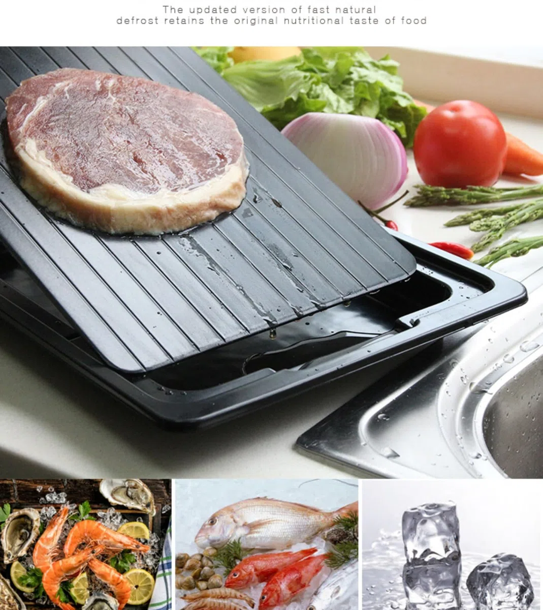 Miracle Melt - Tagliere per scongelare con scatola dell'acqua e spazzola, vassoio per scongelamento rapido da 30 a 60 minuti, bordo in alluminio per scongelare carne, hamburger, lavabile in