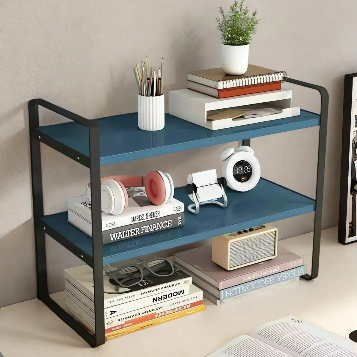 AUSHOPLAH Scaffale da scrivania in legno E01 (nero + blu)