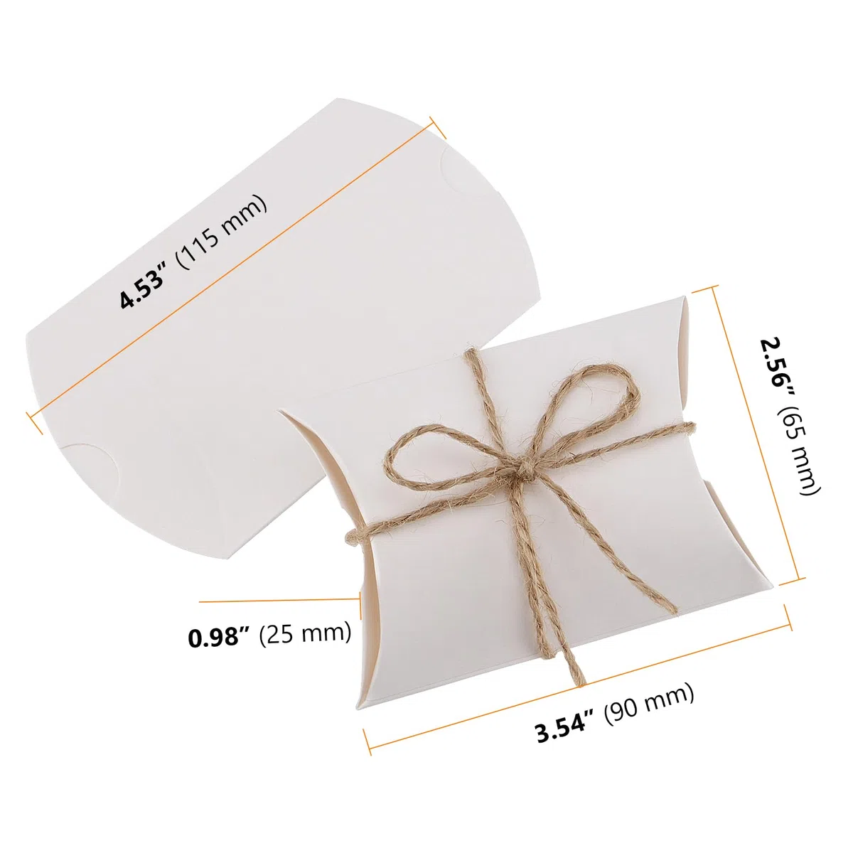 150 scatole per cuscini piccole, 9x6,5 cm, carta kraft bianca, confezione regalo con 150 corde iuta 60 cm, scatola pieghevole