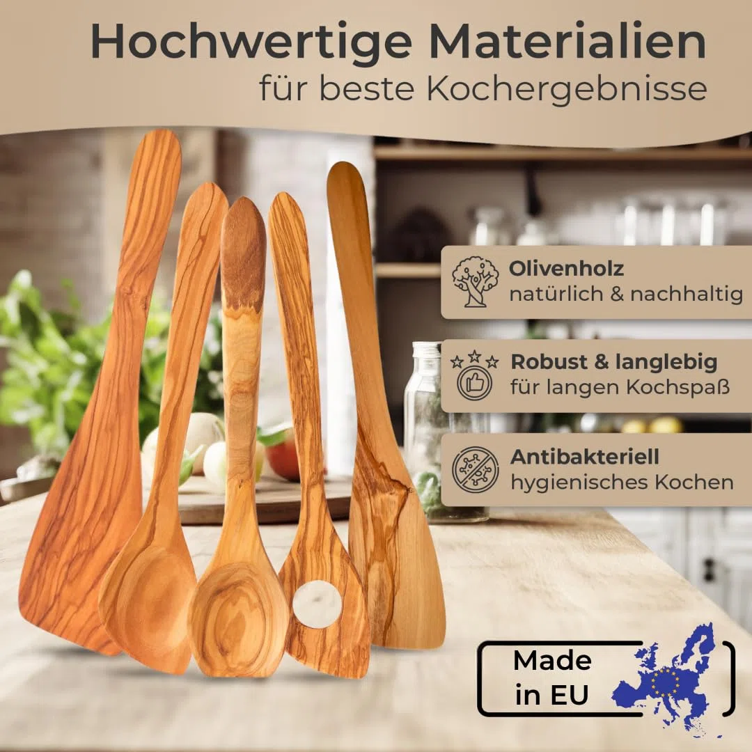 Utensile da cucina in legno d'ulivo, set di cucchiai da insalata, cucchiaio da miele, macinasale o pepe (set da 5 pezzi)