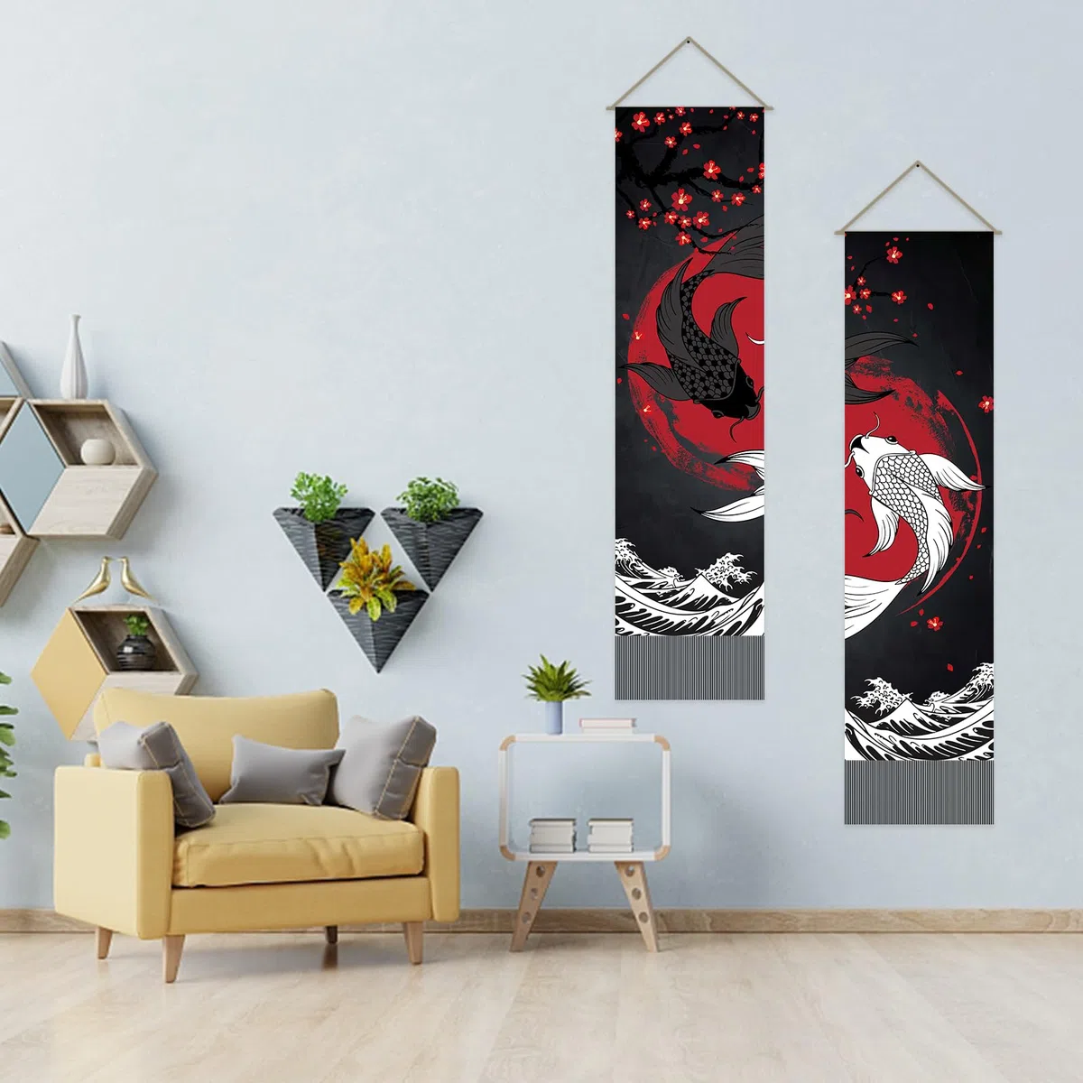 AHANDMAKER Confezione da 2 arazzi retrò Yin Yang Boemi verticali con nappa da appendere a parete, camera da letto, soggiorno, casa, 33 x 130 cm