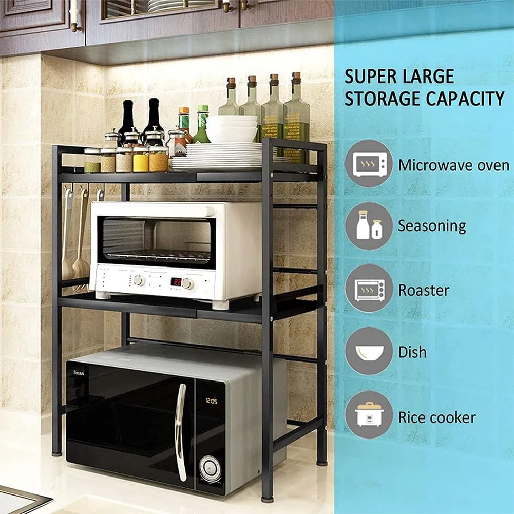 Shally Dogan Mensola Salvaspazio Estensibile Porta Microonde in Acciaio, Scaffale Cucina doppio con 2 ripiani Portaspezie, Mobile Organizer con Ganci e Piedini Antiscivolo, Design Moderno (Nero)