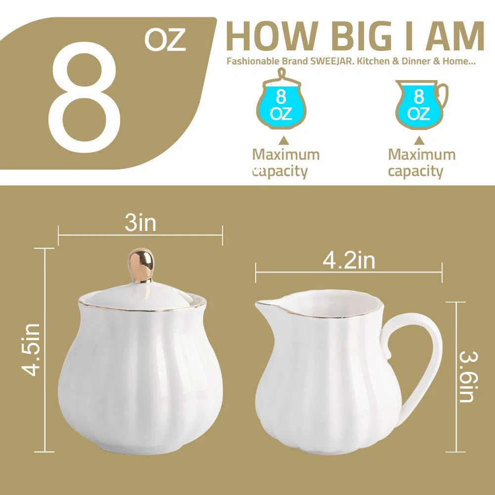 Sweejar Home Royal - Set da 3 pezzi in ceramica per zucchero e lattiera, con brocca per panna, zuccheriera, set per zucchero con coperchio e cucchiaio, regalo per matrimonio (bianco nuovo)