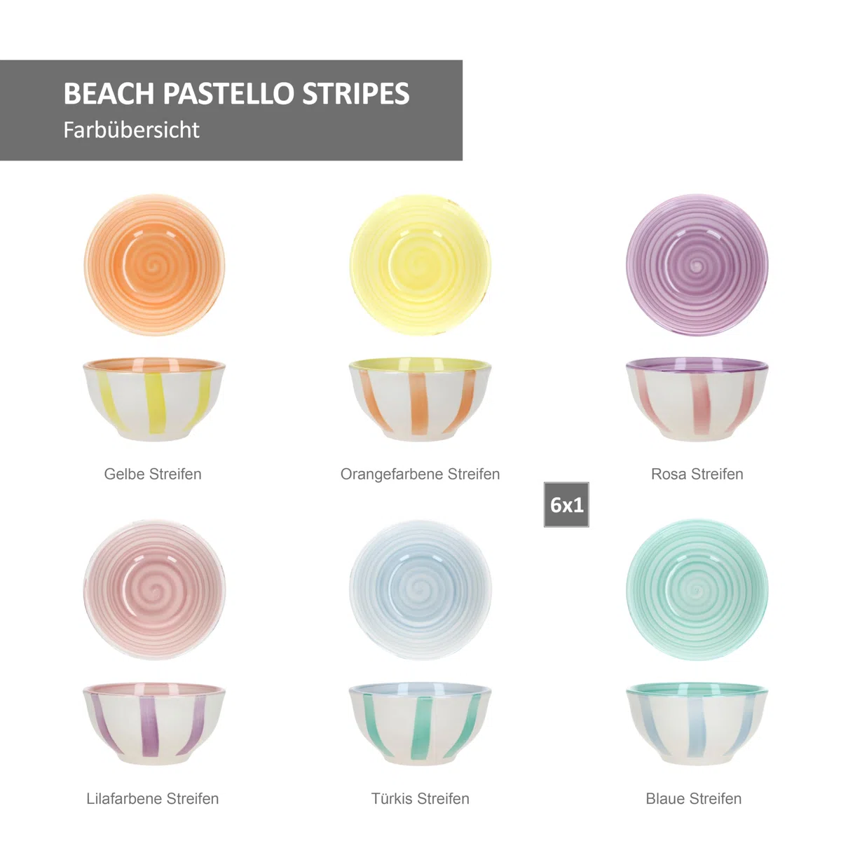 MamboCat Beach Pastello Stripes - Set di 6 ciotole per snack e dip, 12 cm, 220 ml, in gres porcellanato con strisce pastello per 6 persone, mini ciotole per salse, frutta, mini insalata, noci e così