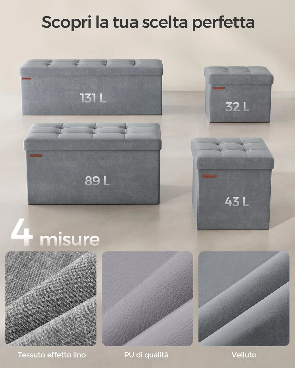 SONGMICS Cassapanca, Pouf Contenitore, Poggiapiedi Pieghevole da 38 x 110 x 38 cm, Ottomano, Regge fino a 300 kg, per Soggiorno, Camera da Letto, Entrata, Grigio Tortora LSF277G02