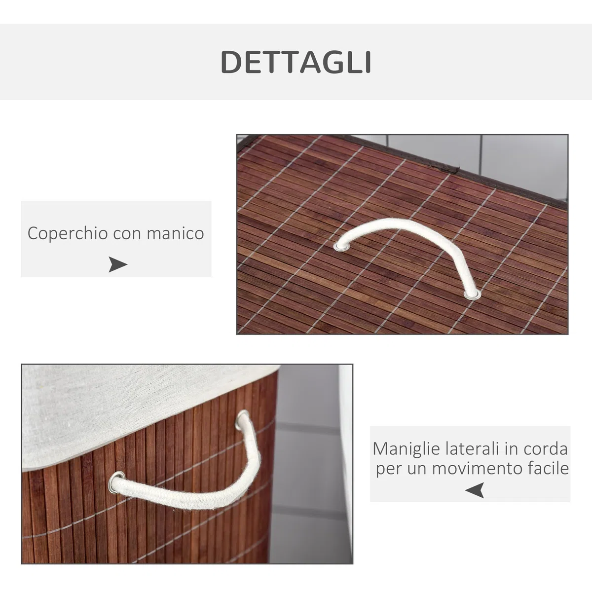 HOMCOM Cesto Portabiancheria in Bambù da 100L, Cesto Portabiancheria Salvaspazio con Coperchio e Maniglie, Moderno, Sacco in Tessuto, 2 Scomparti per Panni Sporchi, Marrone