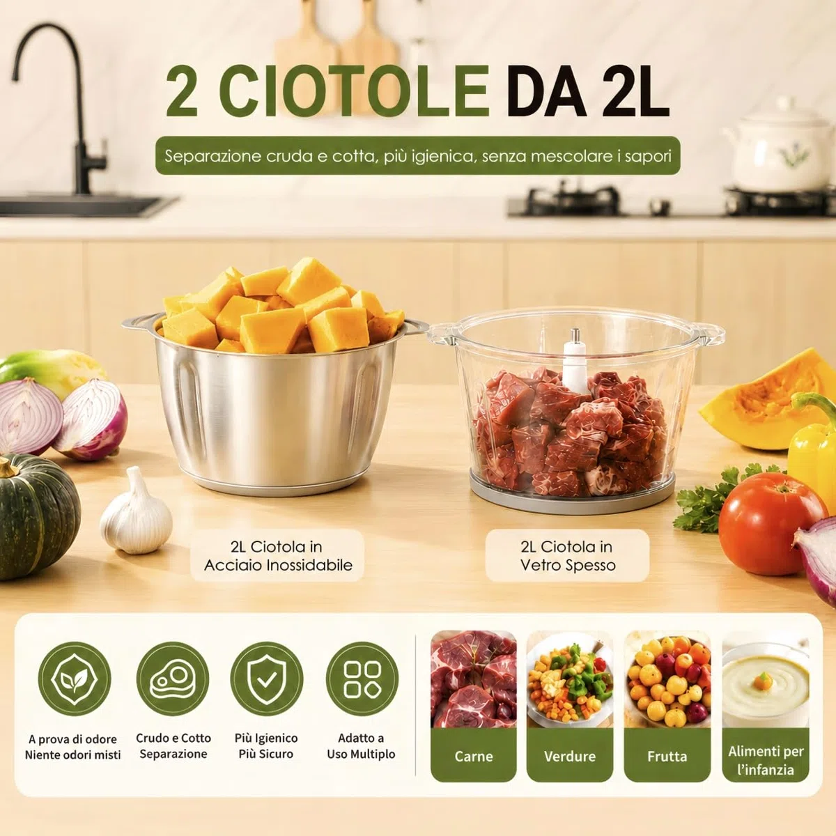 Kitchen in the box Tritatutto 2L con 2 Ciotole,Tritatutto da Cucina con 2 Set di 4 Lame in Acciaio inox,Tritatutto Elettrico a 2 Velocità per Verdure,Carne,Frutta Secca,400W