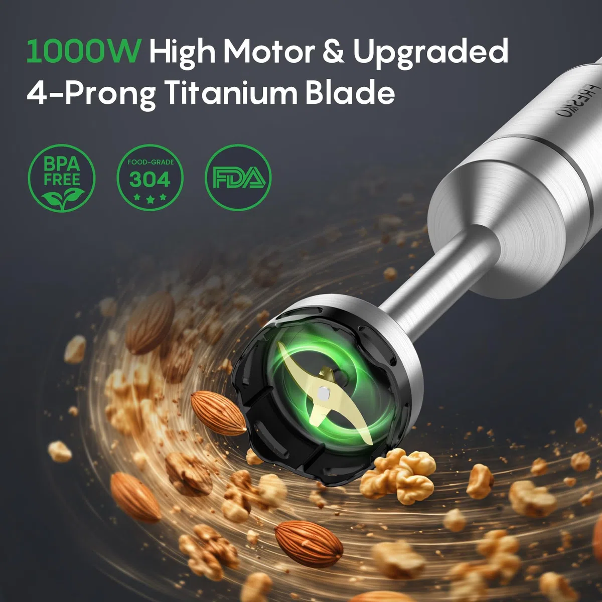 FRESKO Frullatore a immersione 1000W, Frullatore ad immersione professionale con regolazione continua della velocità, 4 lame in acciaio inox, Antischizzo, per zuppe, frullati e alimenti per bebè
