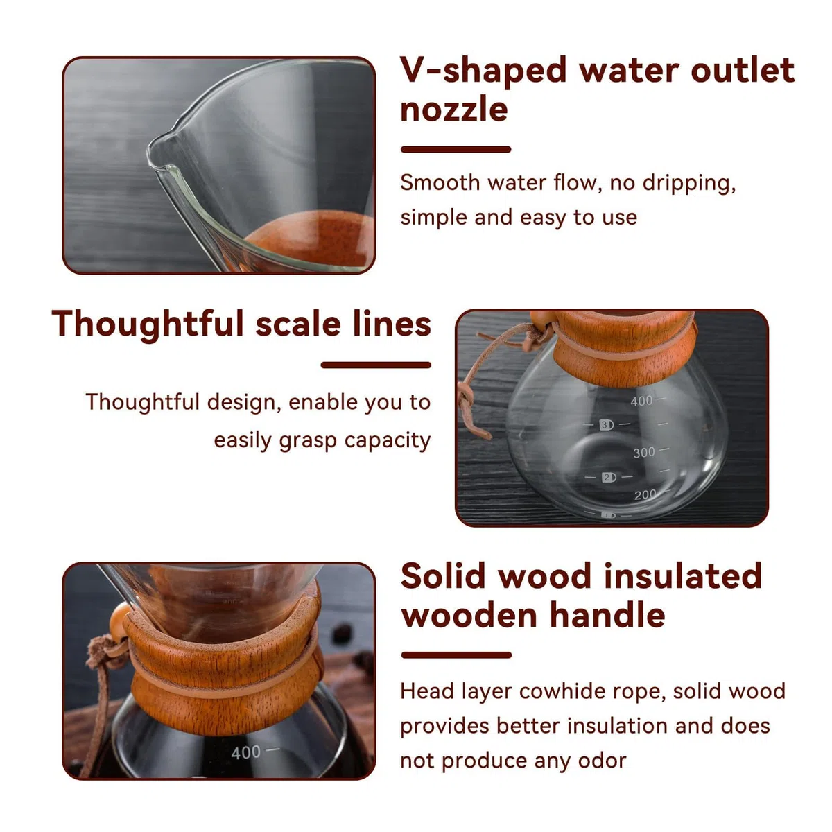 HERCHR Caffettiera Pour Over 400ml con Filtro in Acciaio Inossidabile 304 e Collare in Legno, Caraffa per caffè in vetro borosilicato con collare in legno per 1-2 tazze