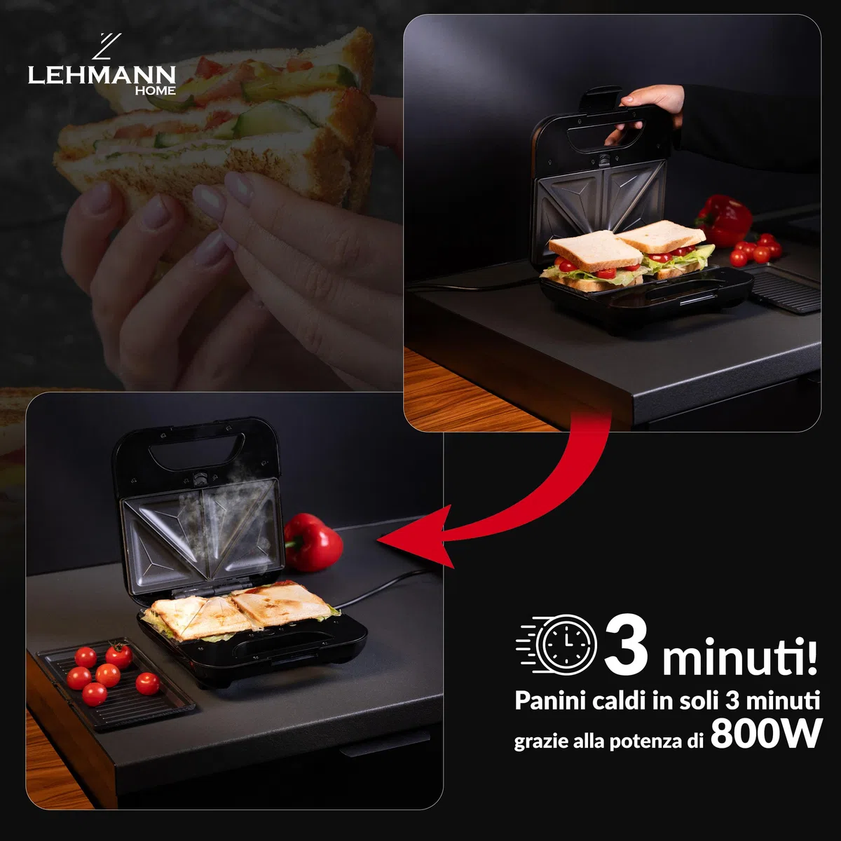 LEHMANN Sandwichmaker 3 in 1, Piastra Elettrica Multifunzione con Piastre Intercambiabili – Sandwich Maker con Piastra per Toast e Panini e Waffle, Preparazione Veloce, Antiaderenti