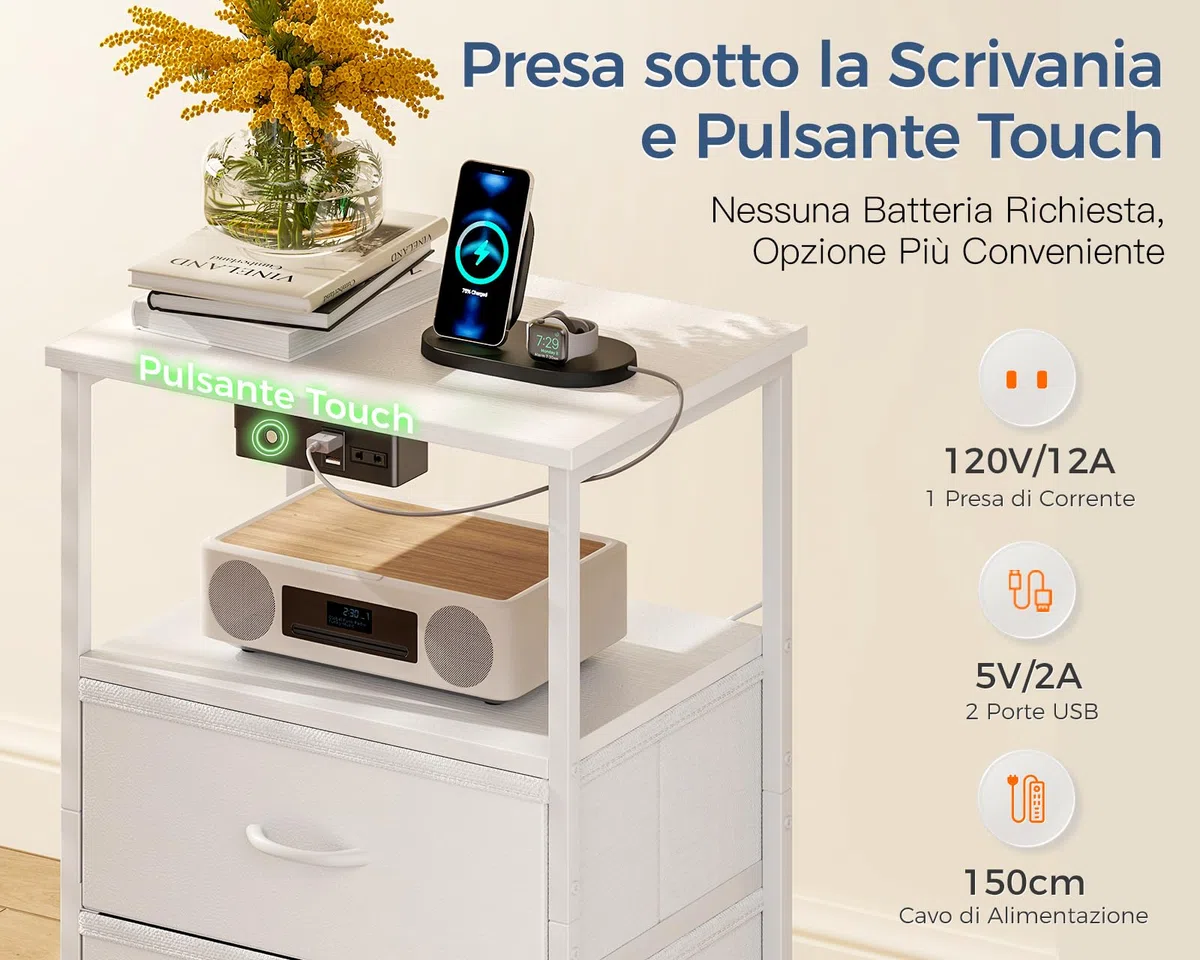 Coleshome Comodino Camera da Letto, con Presa di Corrente e 2 Luci USB e LED, Comodini Camera da Letto con 3 Cassetti in Tessuto e 2 Vano Portaoggetti, 40 * 30 * 70cm, Confezione da 1