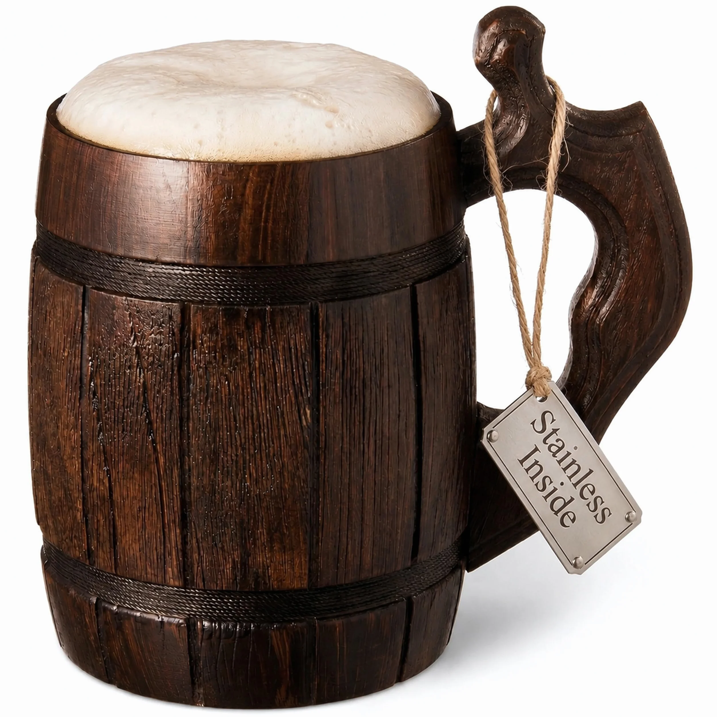 Tazza di birra in legno di quercia fatta a mano Tazza in acciaio inossidabile Naturale ed ecologico 0,6 litri 20 once Barrel Brown