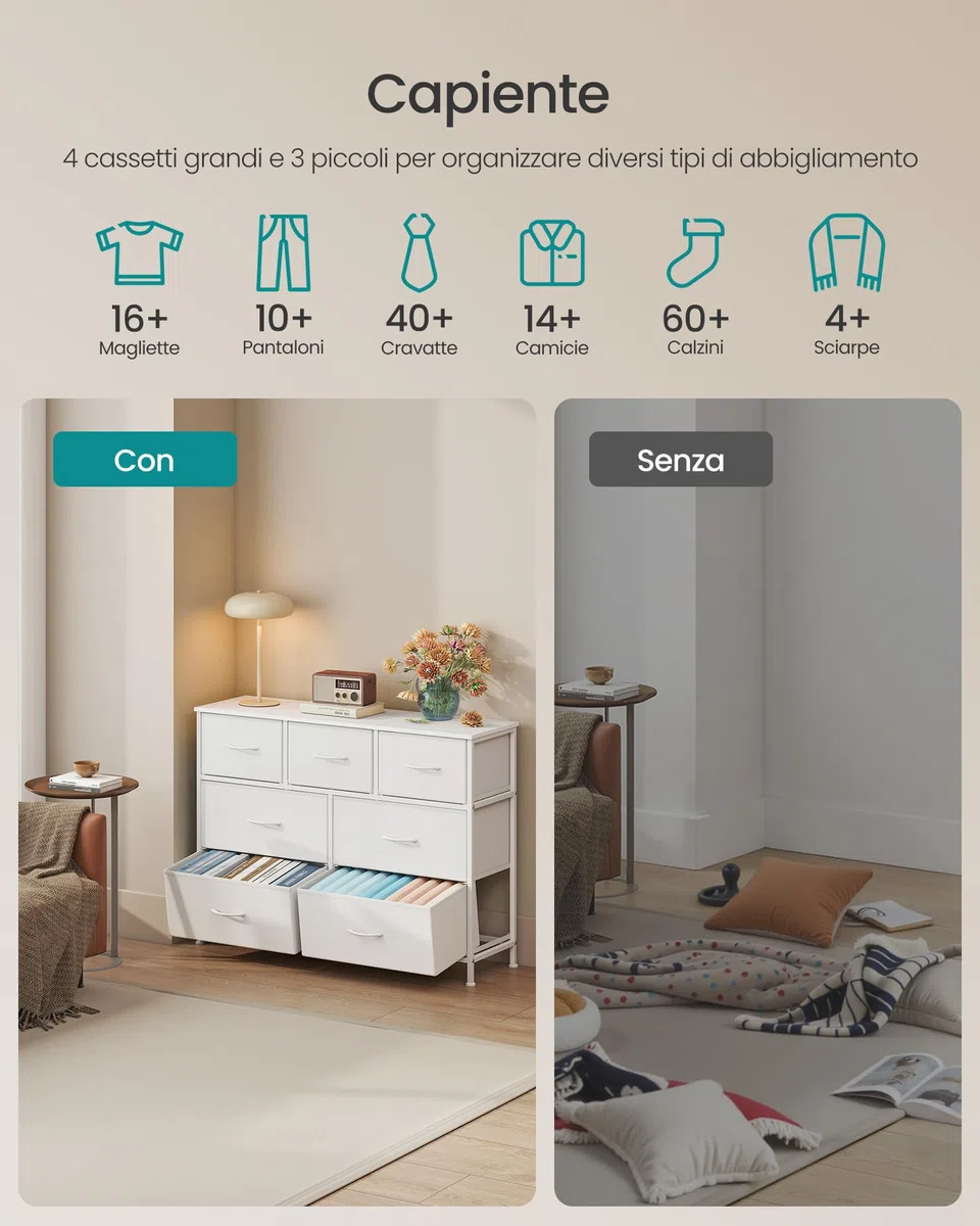 SONGMICS BELLAH Collezione - Cassettiera Camera da Letto, Mobile con Cassetti, Acciaio, Cabina Armadio Ingresso Soggiorno, 7 Cassetti, Moderno, Bianco Nuvola e Bianco Neve LGS323WH01
