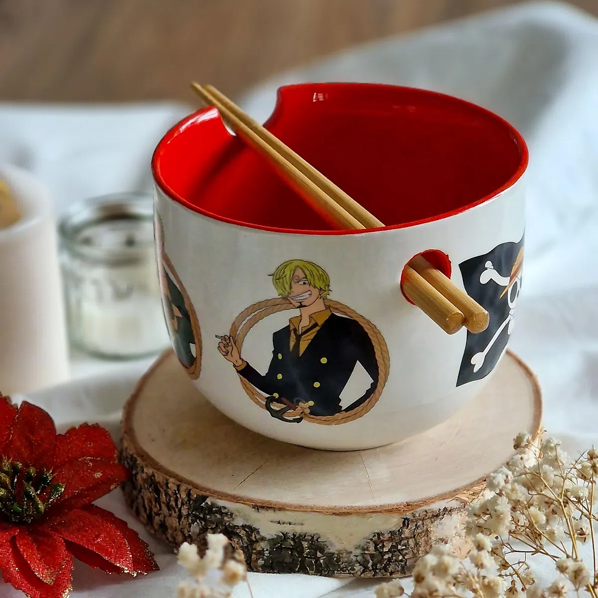 Elbenwald - One Piece - Scimmia D. Luffy ramen, ciotola con bastoncini da cucina 500 ml, ceramica bianca