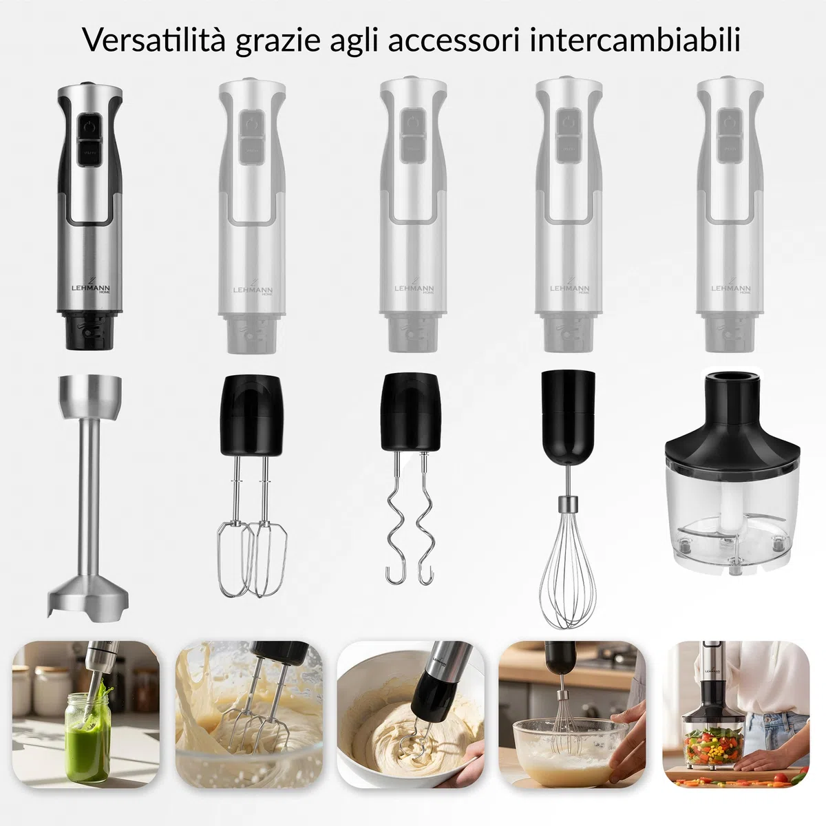 LEHMANN Chowmei Frullatore a Immersione 1200 W, Set 5-in-1 con Frusta, Sbattitore, Tritatutto 600 ml, Misurino 860 ml, Regolazione Velocità a 8 Livelli, Funzione Turbo, Senza BPA, Argento