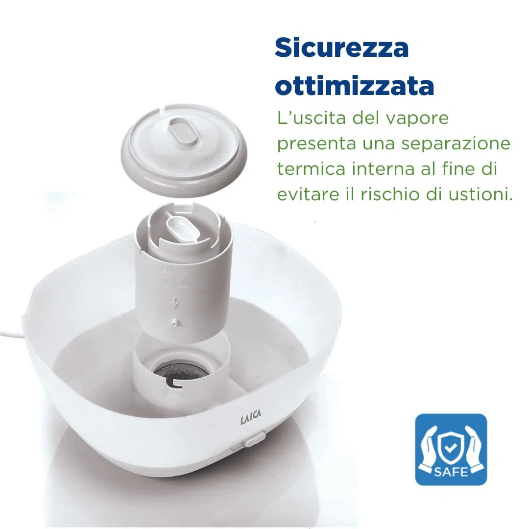Umidificatore a Caldo LAICA, Serbatoio di 1,8 L per stanze, Piante, Vapore Privo di batteri, ultrasilenzioso, 3 velocità, off Auto, Funzione “Warm”, riempimento Facile, Oli aromatici