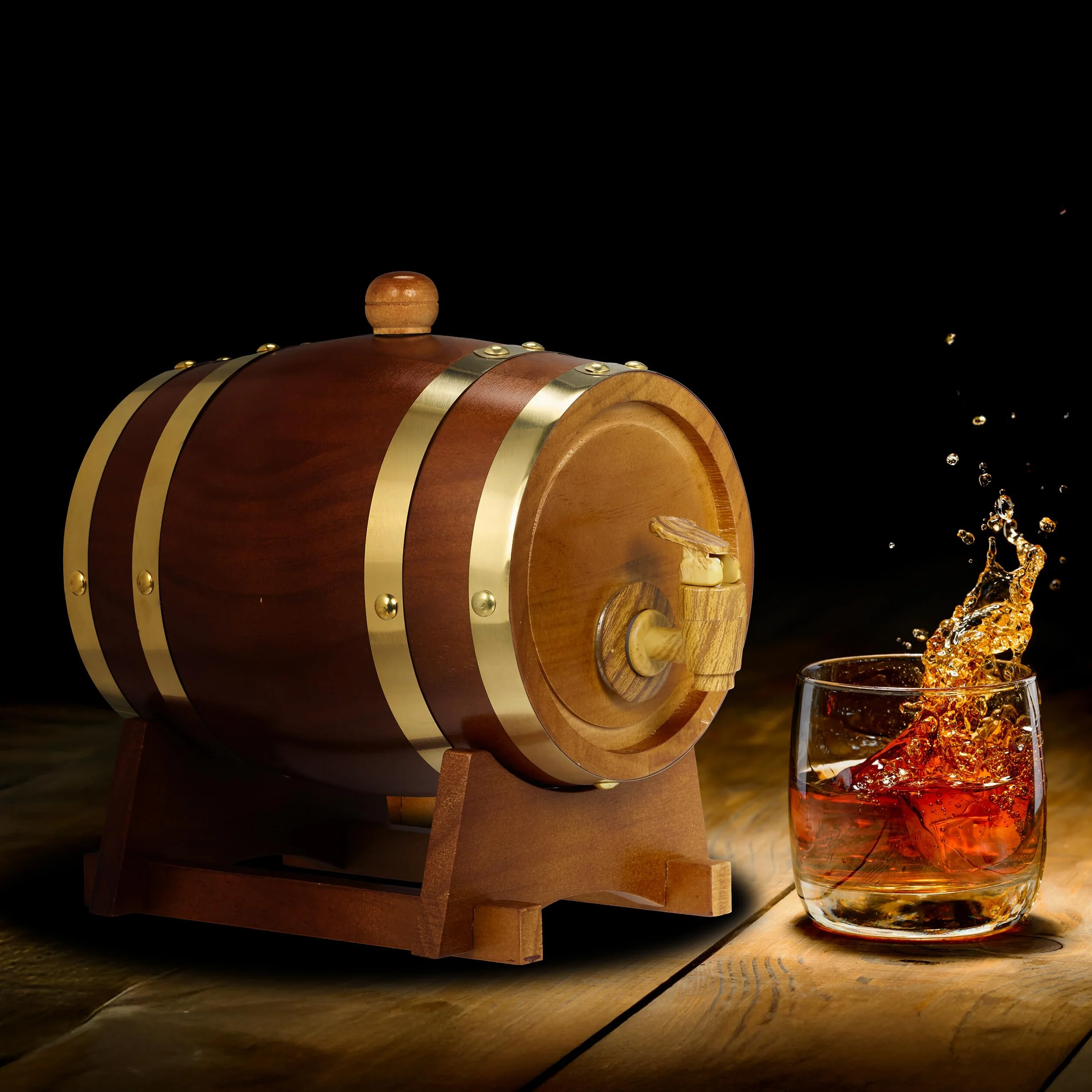 Relaxdays Botte per Liquori, Mini Barile in Legno da 1,2 L, con Rubinetto e Supporto, per Whisky, Vino, Marrone Scuro