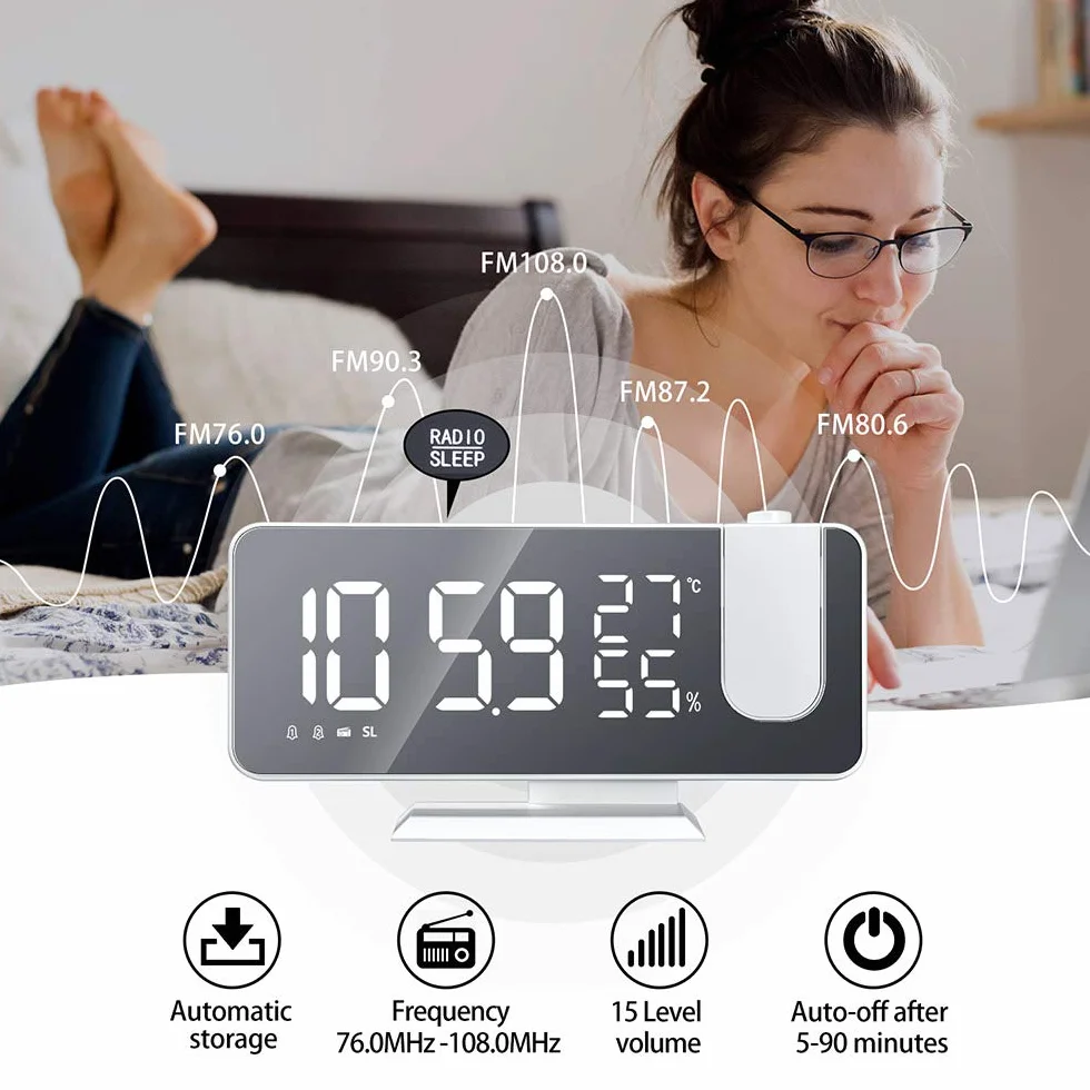 Sveglia a proiezione, sveglia digitale a LED con superficie specchio, porta di ricarica USB, ripetizione, doppio allarme, radio FM, modalità 3Dimming, umidità della temperatura, regolazione 12