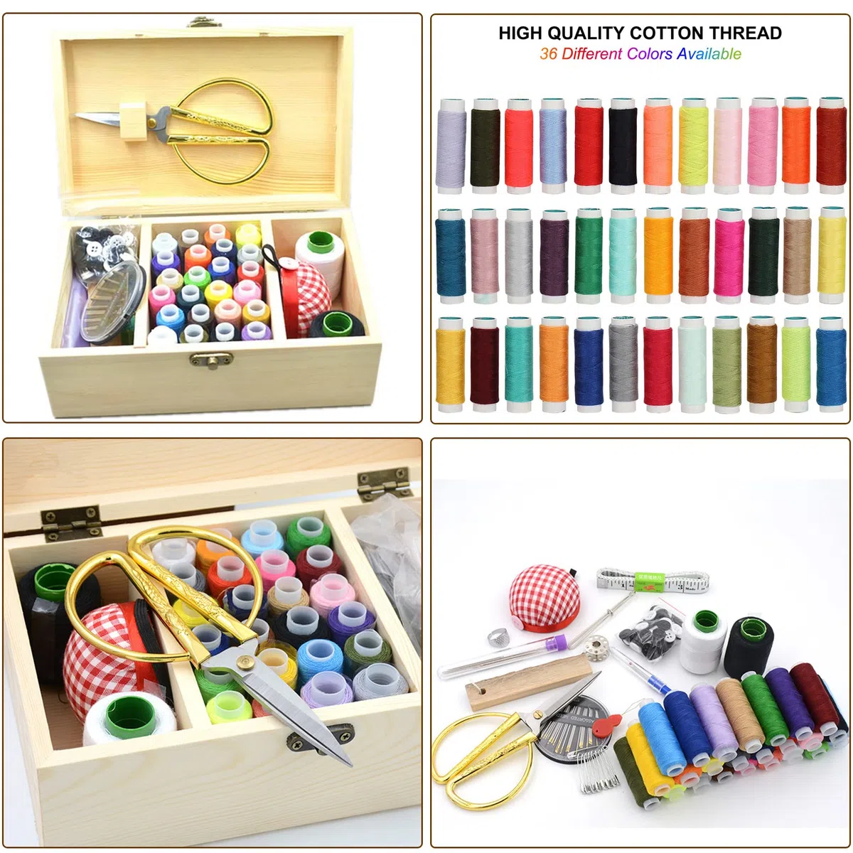 Cestino da cucito in legno, MKNZOME Oltre 110 pezzi Accessori per forniture per cucito fai-da-te Premium Mini kit da cucito portatili per adulti Bambini Principianti Viaggiatore