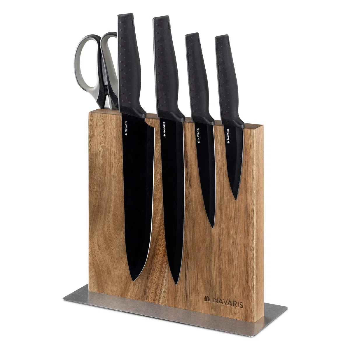 Navaris Porta Coltelli da Cucina - Ceppo Portacoltelli Doppio Lato Magnetico - Tavoletta con Calamita Magnetica Rivestita in Legno Marrone di Acacia