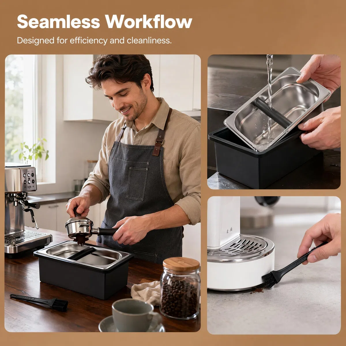 Contenitore per Fondi di Caffè in Acciaio Inossidabile, Knock Box Rimovibile con Spazzola di Pulizia, Contenitore Battifiltro per Macchina Espresso, Accessorio per Barista Casa e Caffetteria