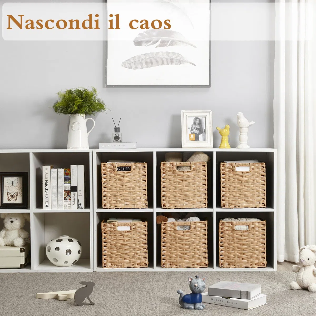 Sagittar, cestino intrecciato pieghevole in rattan sintetico, 25x25x25 cm, cestino portaoggetti per dispensa, credenza, credenza per giocattoli, cestino a cubo per scaffale, impermeabile, antimuffa, 4
