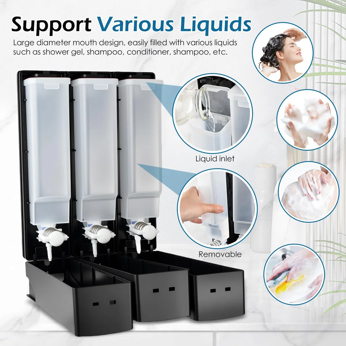 Dispenser Doccia Muro, Dosatore Sapone Bagno a Parete 400ML, Dispenser Shampoo e Bagnoschiuma Adesivo, Senza Foratura per Gel Doccia Cucine Bagni, Nero (3 Camere)