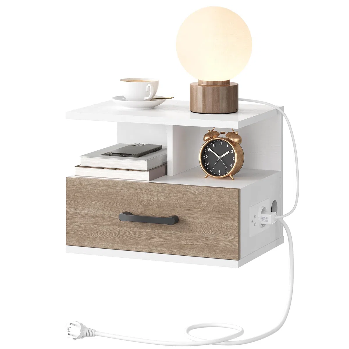 HOOBRO Comodino Sospeso, Comodino da Parete con Stazione di Ricarica e Cassetto, 1 Presa Standard e 2 Porte USB, 2 Opzioni di Montaggio, per Camera da Letto, Bianco e Grigio Anticato EWG127CBZ01