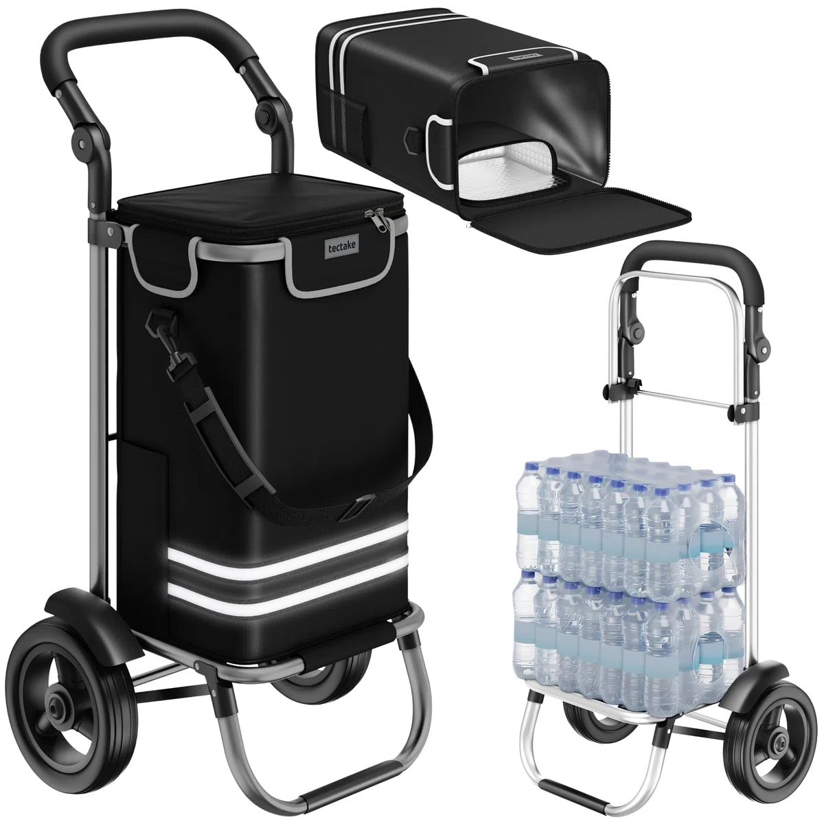 tectake® Carrello Spesa Shopper 3 in 1, Trolley Pieghevole con Borsa Termica per Surgelati, Carrello con Ruote Portatutto, Carrellino Spesa Con Ruote Scorrevoli, Capacità max 30 kg / 56L - Nero