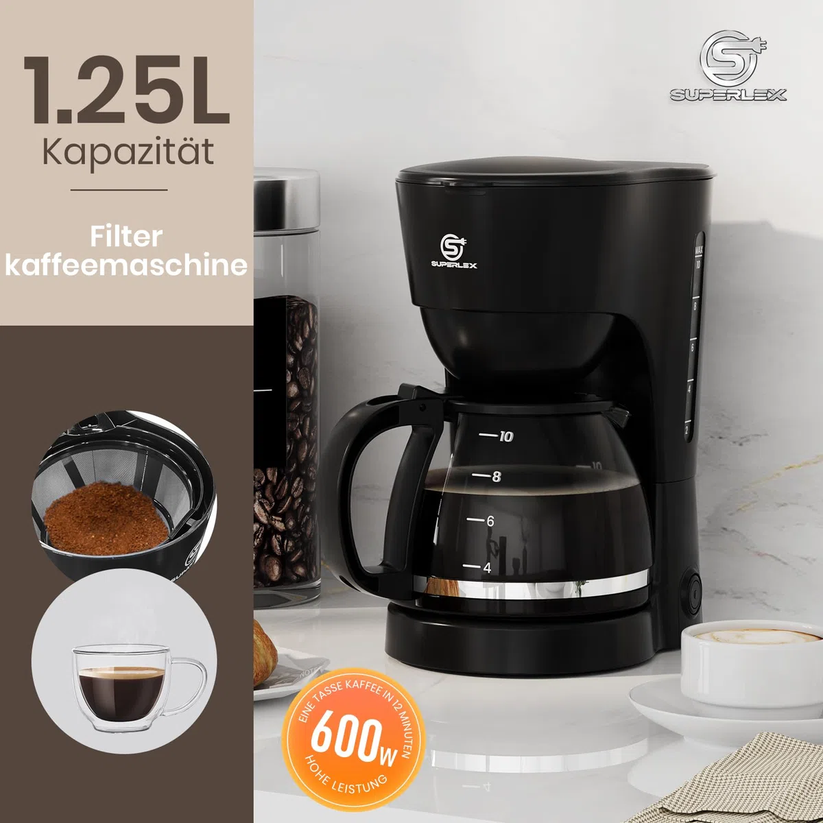Macchina Caffè con Filtro 1,25 L per 10 Tazze Macchina Caffè Cialde e Americano Riscaldamento Rapido Antigoccia Spegnimento Automatico per Casa e Ufficio