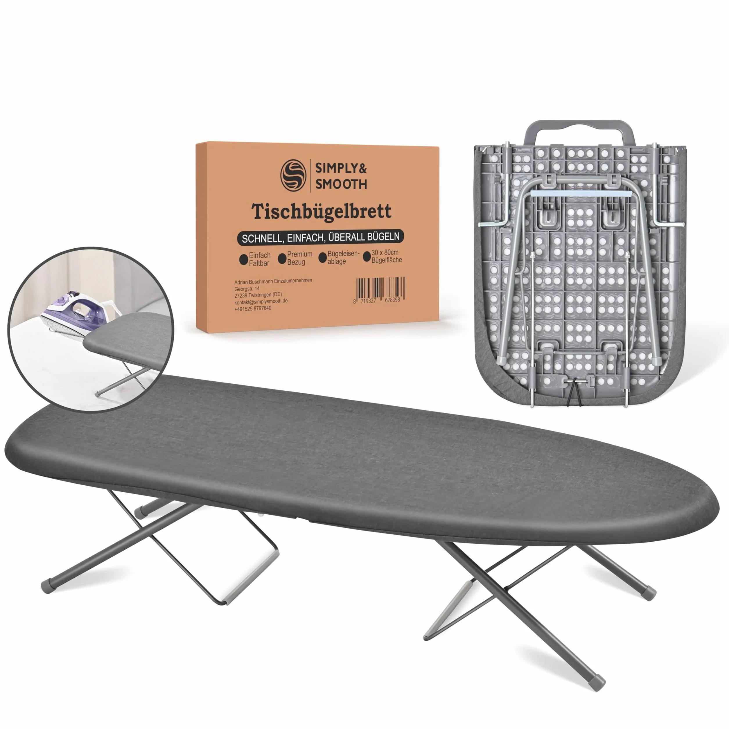 SimplySmooth Asse da Stiro Pieghevole – Da tavolo con ripiano per ferro da stiro, 77 x 30 cm, con maniglia, piedini in gomma e rivestimento di alta qualità. Perfetto per un uso pratico e salvaspazi