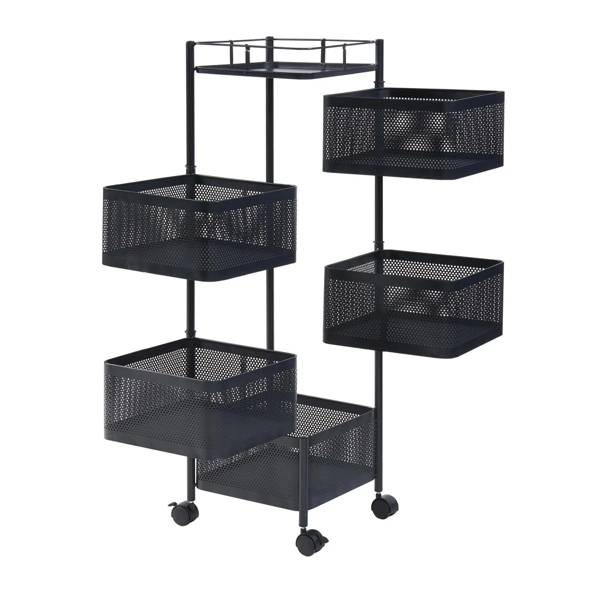 [en.casa] Carrello da Stoccaggio Organizzatore con 5 Cestelli Girevoli e Piano con Barra Anticaduta Mobile Multiuso in Acciaio a 4 Rotelle per Cucina Ufficio Bagno - Nero