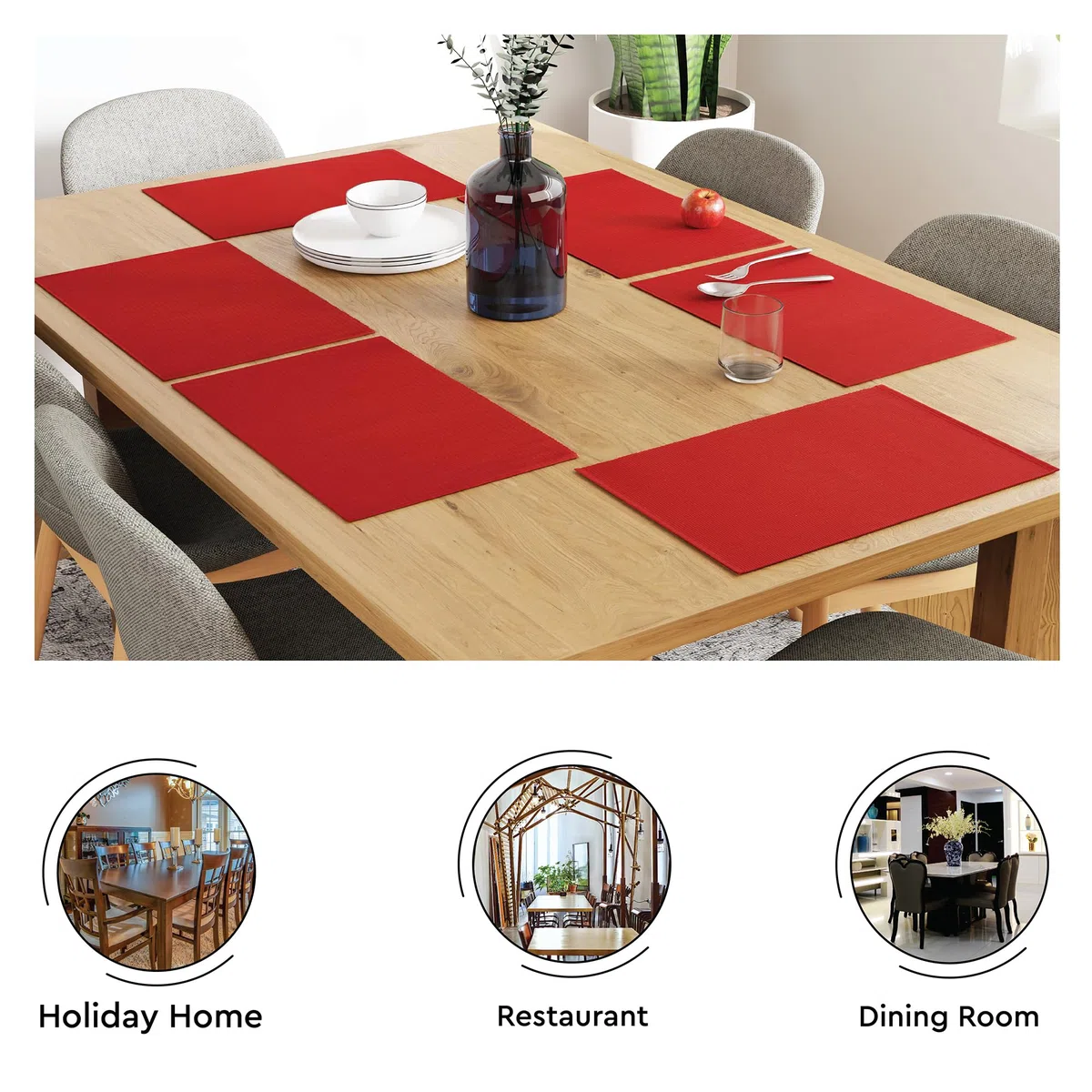 Encasa XO Set di Tovagliette per Tavolo da Pranzo Set da 6 | Colore Rosso solido | Tovaglietta in Cotone a Coste Sottili | Dimensioni 48x32 cm | Lavabile in Lavatrice