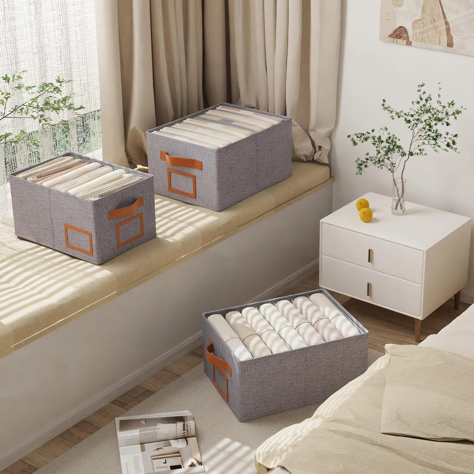 OUTBROS Jeans Organizer Armadio, 3 Pezzi Impilabile Cubi Cassetti, Pieghevole Divisori Contenitori, Scatole Portaoggetti con 7 Scomparti, per Pantaloni, Coperta, Maglione, Grigio