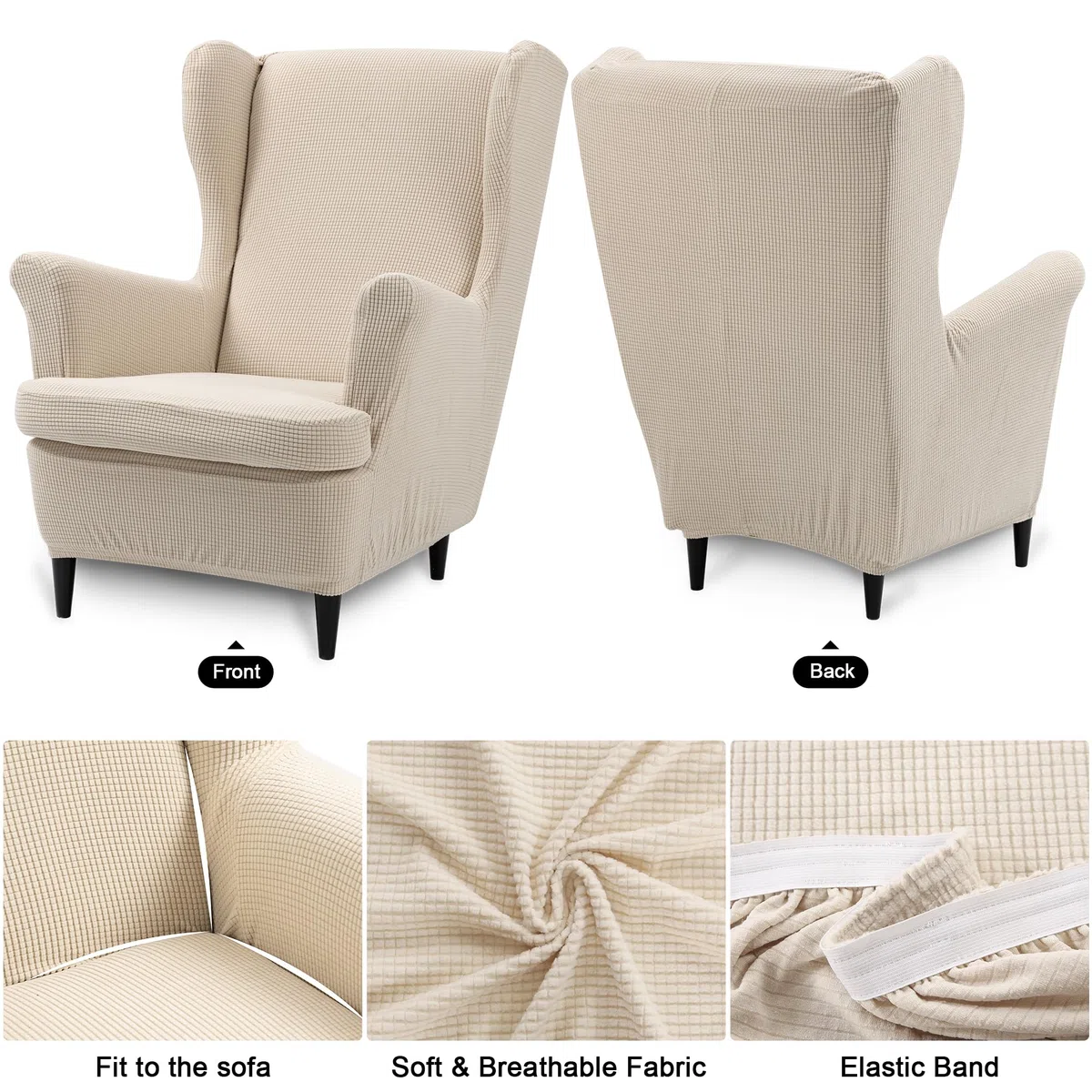 TIANSHU Copripoltrona con Orecchie Elastico, Copripoltrona 1 Posto con Fodera Per Cuscino Tessuto Jacquard Spandex con Fondo Elastico per Soggiorno Camera Da Letto Hotel (Tipo B, Beige)