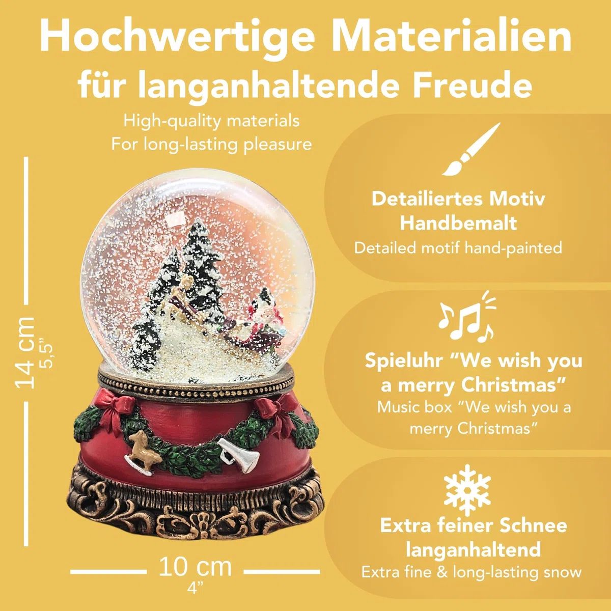 Palla di neve natalizia con carillon | Babbo Natale sul slitta | Base natalizia rossa con ghirlanda di abete | con musica | Palla di neve decorazione natalizia | L: 10 cm A: 14 cm | 20276
