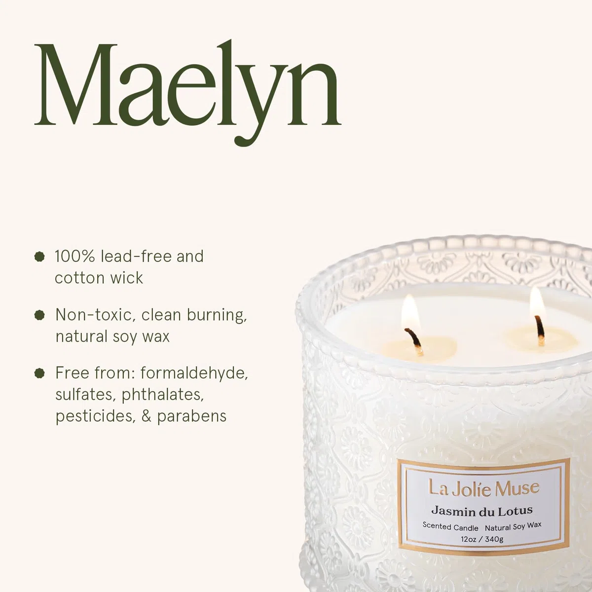 LA JOLIE MUSE Candela al gelsomino, candele profumate per la casa, candela di soia grande con 2 stoppini, candele profumate da regalo, candele a combustione pulita, 340 g