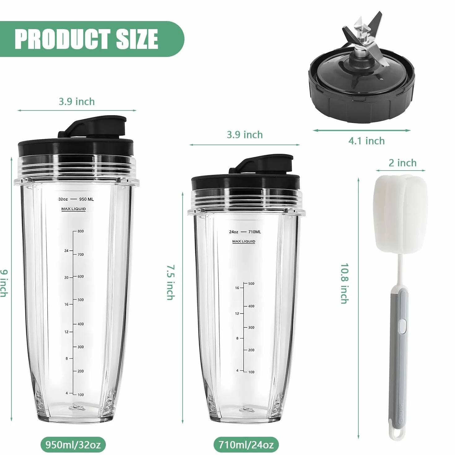 Tazze Ricambio con Lama Estraente 7 Pale per Nutri Ninja - Contenitori da 24oz+32oz con Coperchi a Ribalta Portatili+Spazzola Pulizia Compatibile con BL480/BL490/BL640/BL682/NN102/BL2012/CT641
