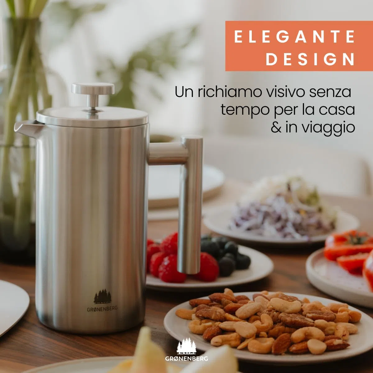 Groenenberg French Press 350ml (2 Tazze) l Caffettiera francese in acciaio inox l Caffettiera pistone con filtri di ricambio e funzione termica