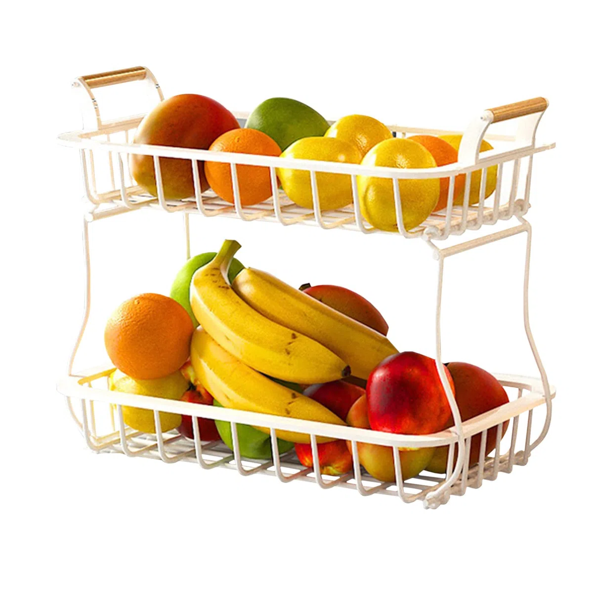 BestAlice Cesto Portafrutta a 2 Livelli per Piano di Lavoro della Cucina, Cestini per Il Pane Portafrutta Supporto per Verdure con Manico in Legno, Cesto in Filo Metallico Staccabile(Bianco)