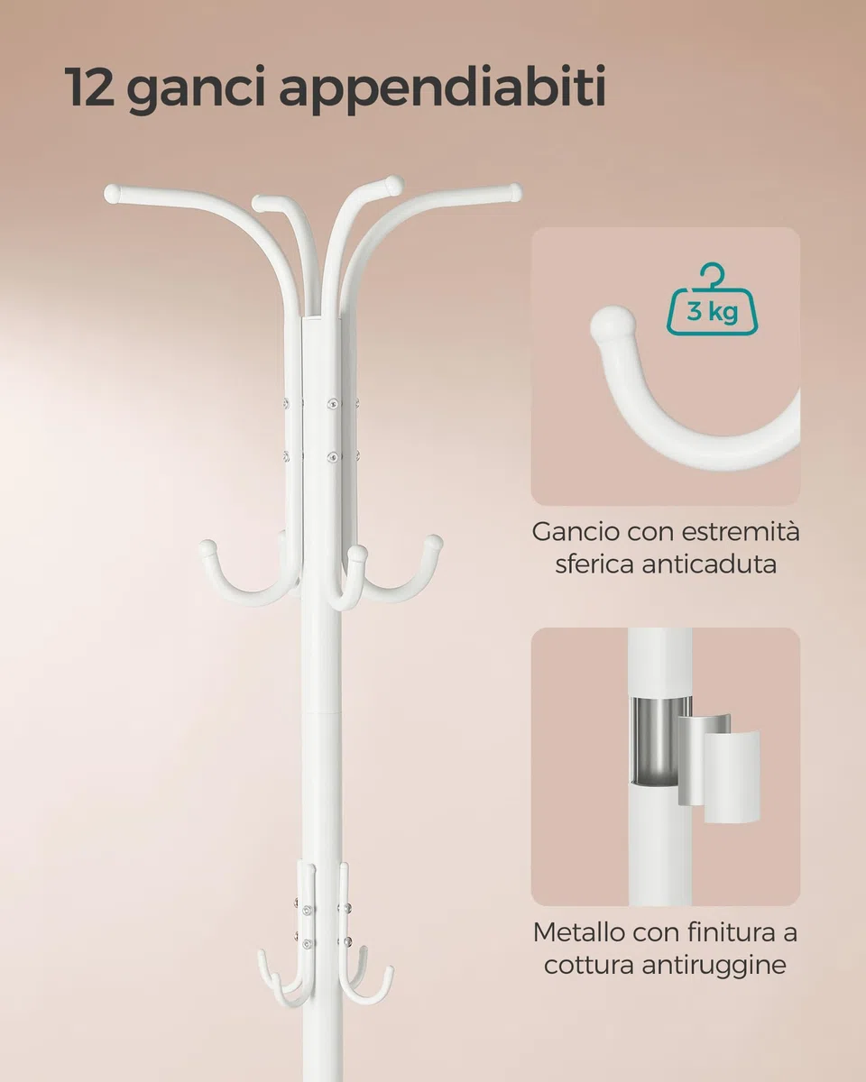 SONGMICS Appendiabiti da Terra, Attaccapanni con Portaombrelli, 12 Ganci, Struttura in Metallo, Alto 175 cm, per Ingresso Entrata Soggiorno Camera da Letto, Bianco Perla RCR011W01