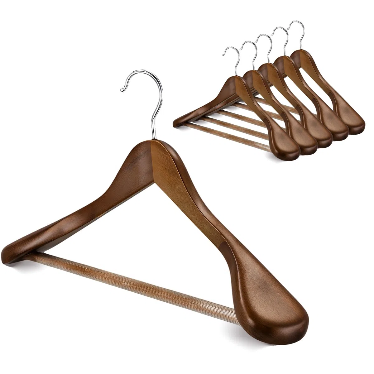Confezione di grucce in legno a spalla larga, con barra antiscivolo per pantaloni, finitura liscia, in legno massello, per abiti e abiti (vintage, a spalla larga, in legno, confezione da 6 pezzi)