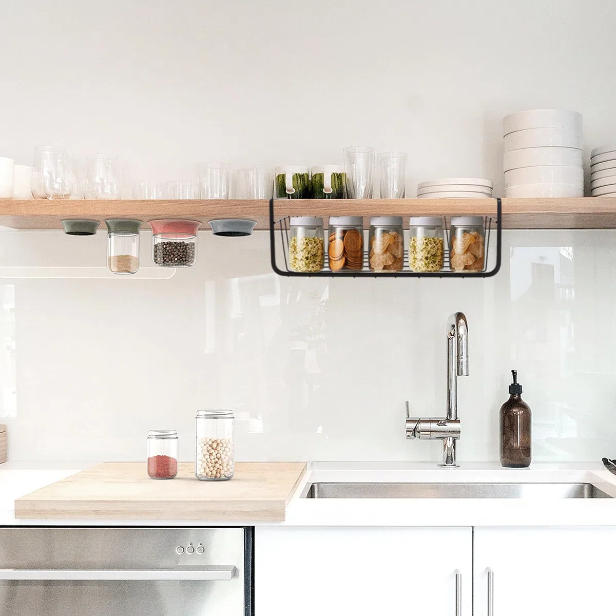 2 Pezzi Cestello Sotto Mensola Nero, Organizer Sottopensile Cucina 34 x 11,5 x 20,5 cm Senza Forare, Mensola Salvaspazio per Armadio Dispensa Bagno