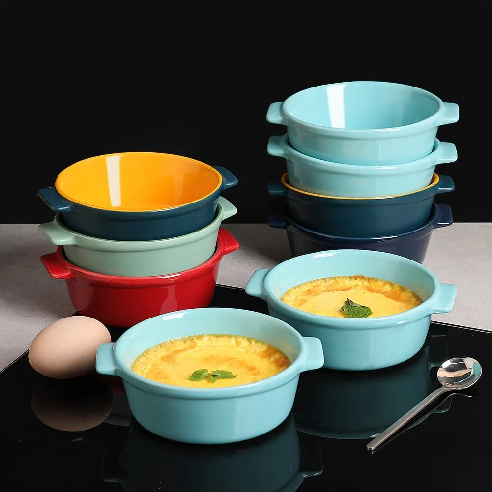 Sweejar Home Piatti da soufflé in ceramica, con manico rotondo, 300 ml, per budino, crème brûlée, soufflé, set da 6 (bianco)