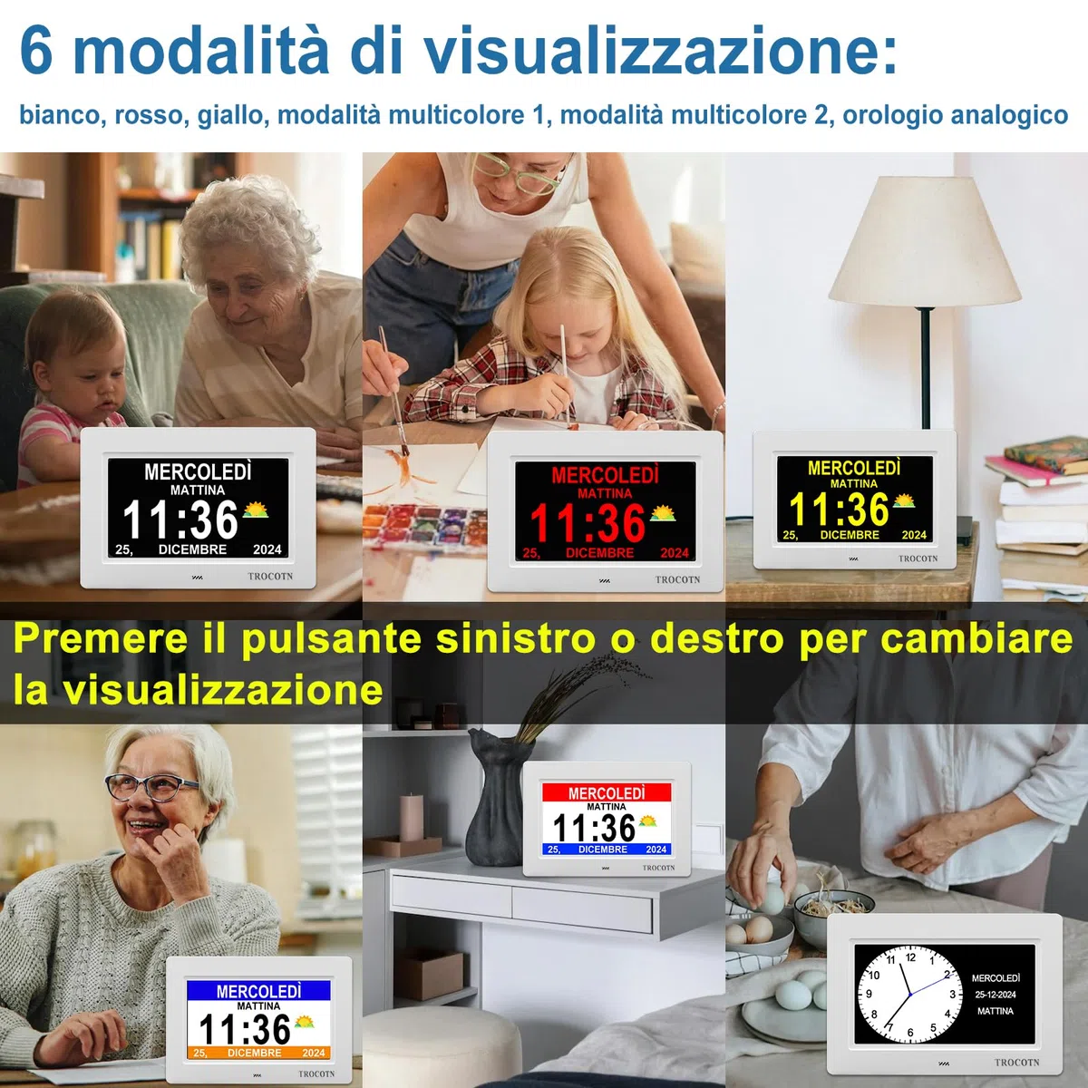 TROCOTN Grande orologio digitale per anziani, con calendario, grande display con allarmi personalizzati, orologio da parete con giorno e data, sveglia, orologio da scrivania (7 Pollici, bianco)