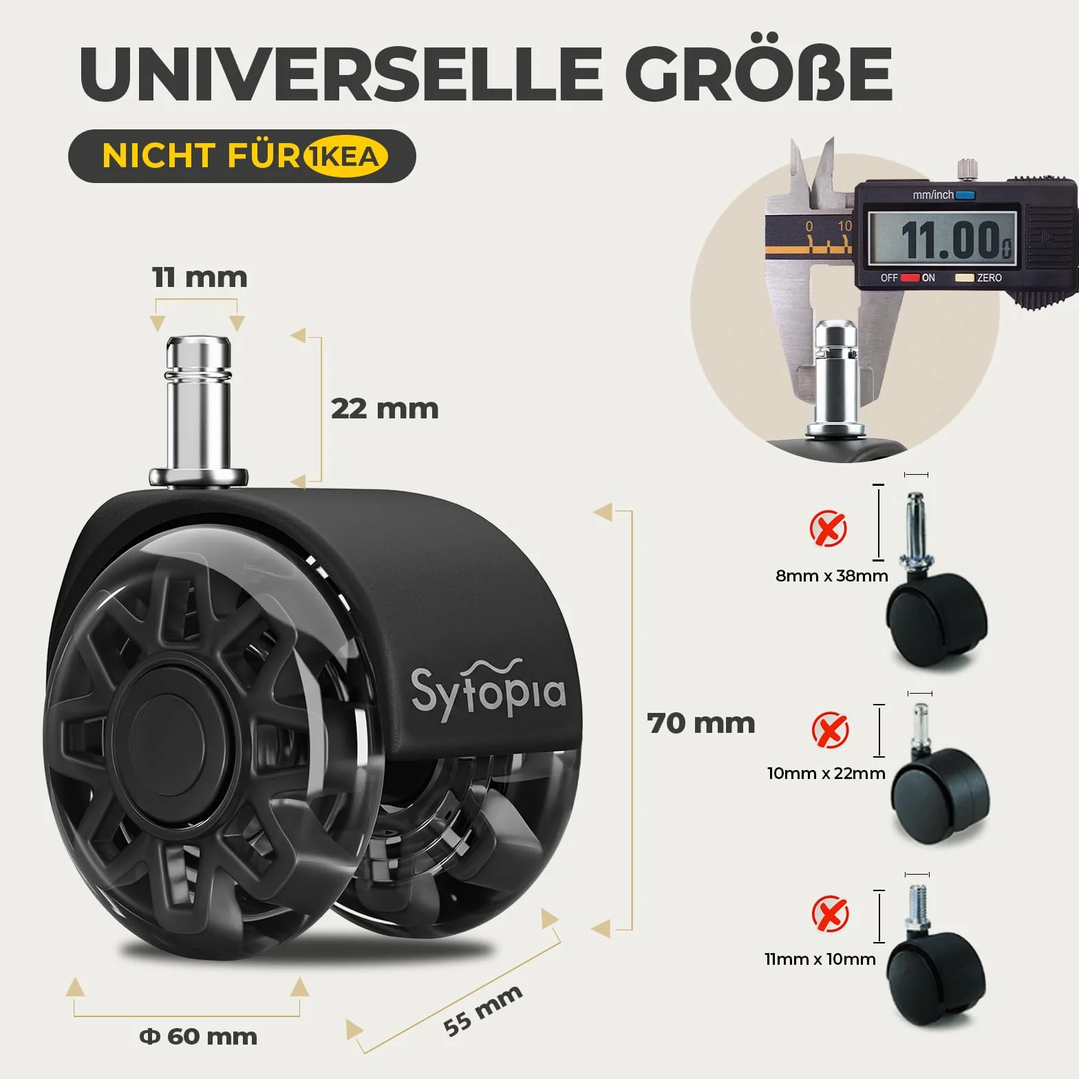 Sytopia Set di 5 Ruote per Sedie da Ufficio - 11 x 22 mm, Gomma per Tappeti, Pavimenti Duri, Parquet - Grandi Ruote Perfette (Nero, Non per 1KEA)