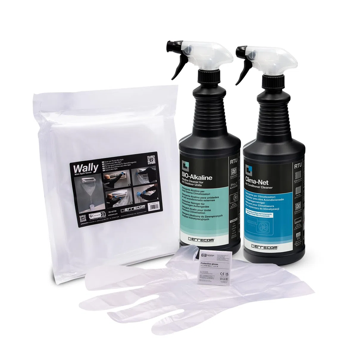 ERRECOM Kit Pulizia climatizzatori, Include Clima-Net 1L detergente Pulizia unità Interna e filtri, Cover Protettiva Wally, Bio Alkaline 1L detergente alcalino bio Pulizia unità Esterna, Guanti